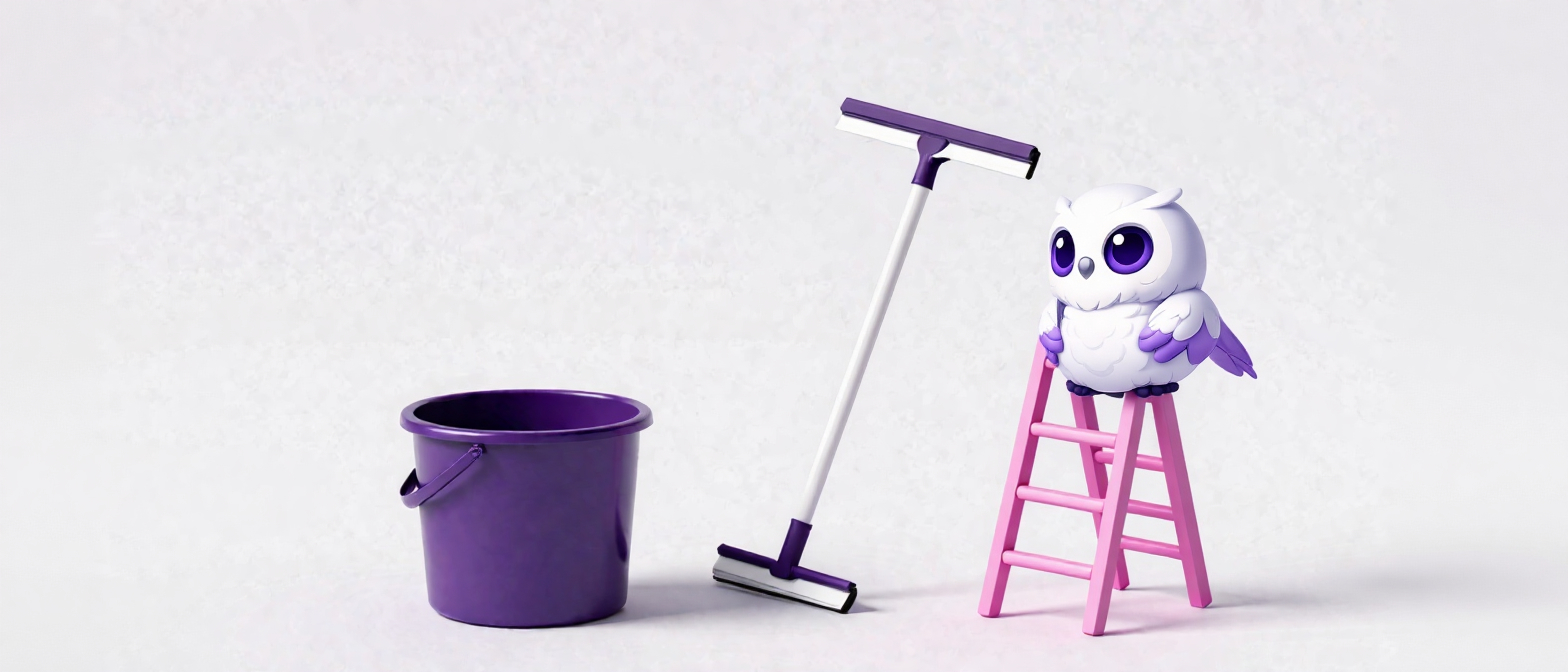 Ведро, скребок и стремянка на светлой поверхности